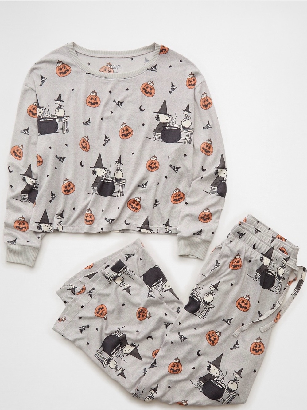 Size LARGE Snoopy Peanuts Gray Halloween Plush Pajama Set NWT